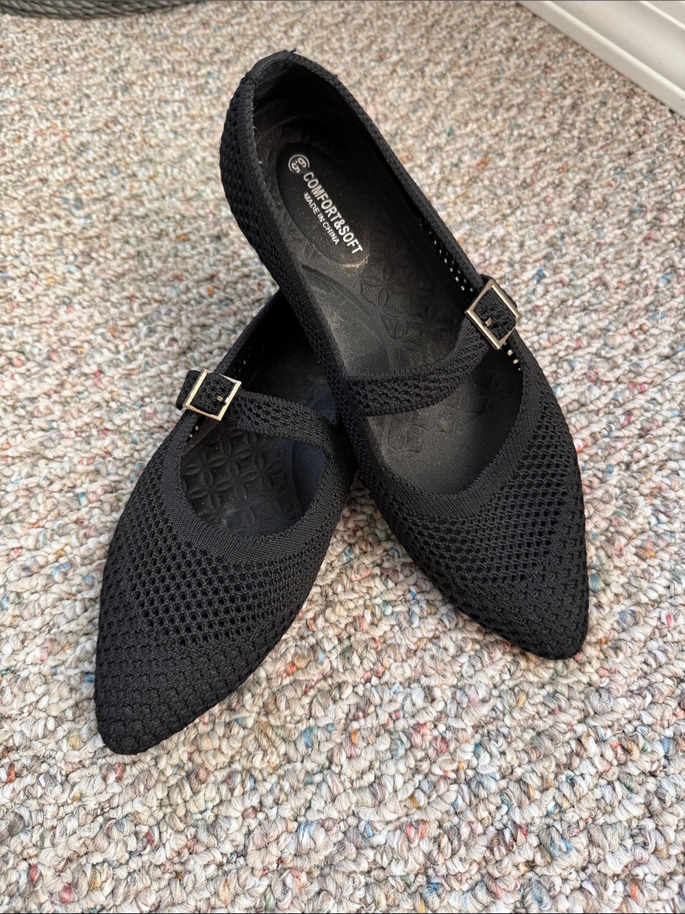 Frank Mully Black Pointed Strap Knit Mary Jane Flats